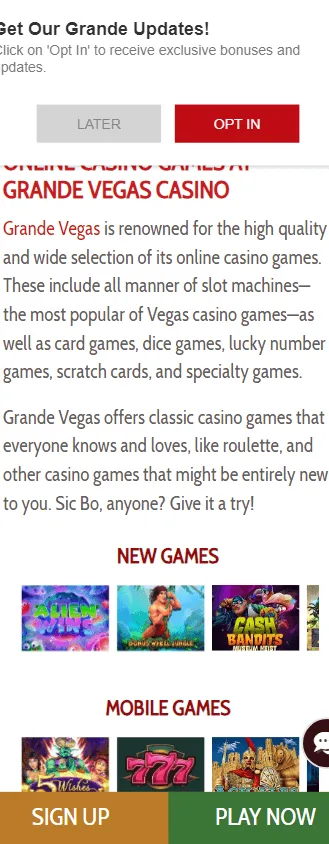 Grande Vegas Casino games interface on a mobile device