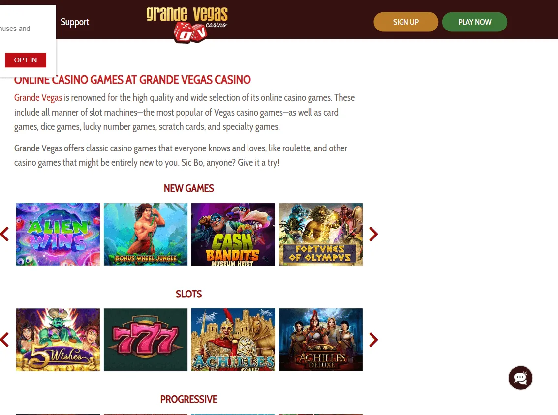 Grande Vegas Casino games interface on desktop