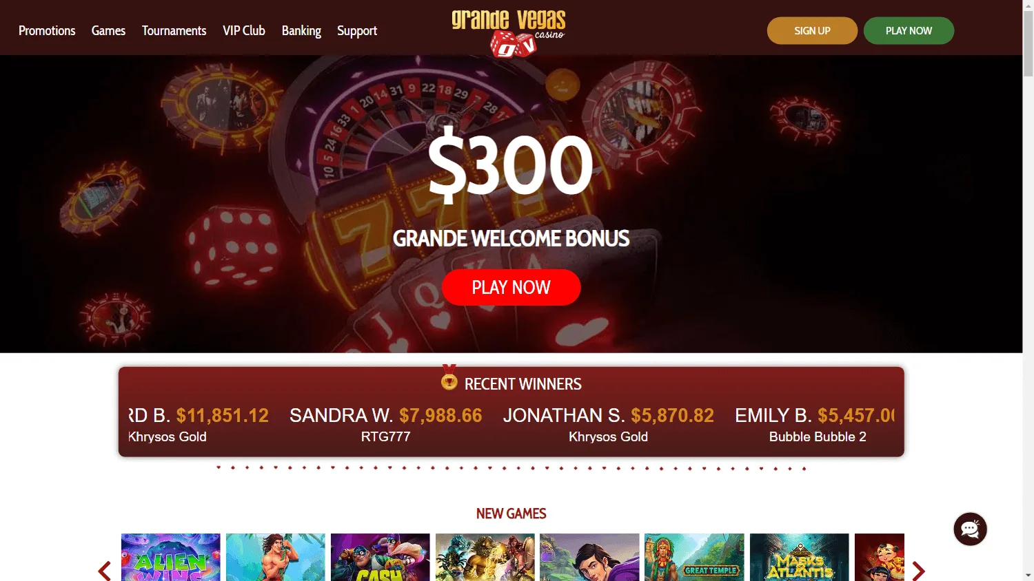 Grande Vegas Casino home interface on desktop