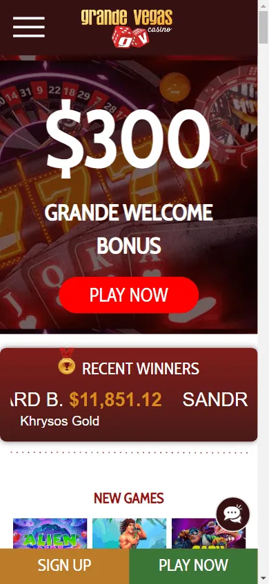 Grande Vegas Casino home interface on a mobile device
