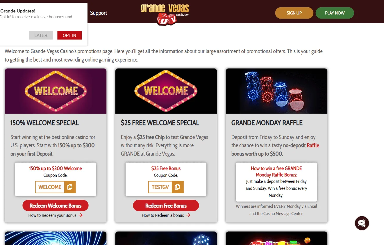Grande Vegas Casino promotions interface on desktop