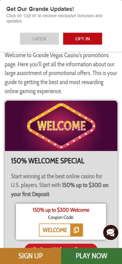 Grande Vegas Casino promotions interface on a mobile device